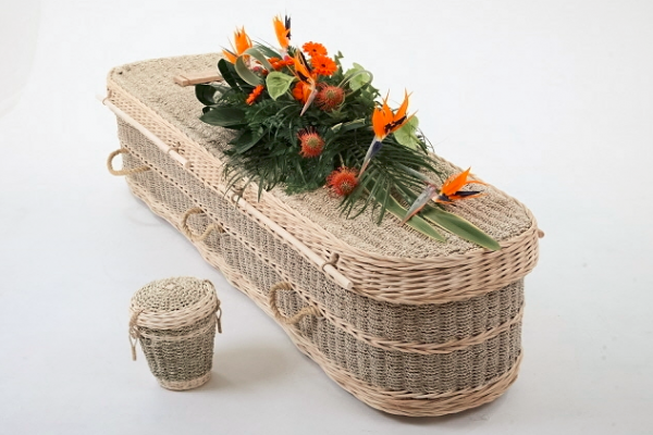Seagrass Coffin - Seagrass is renowned for its quality and durability, which makes it an ideal material for woven products.  The seagrass used for this coffin is grown in paddy fields.  At a certain point during the growing season, the fields are flooded with sea water, hence the name seagrass.   A sustainably produced white lining with lace trim interior linen lining is available.