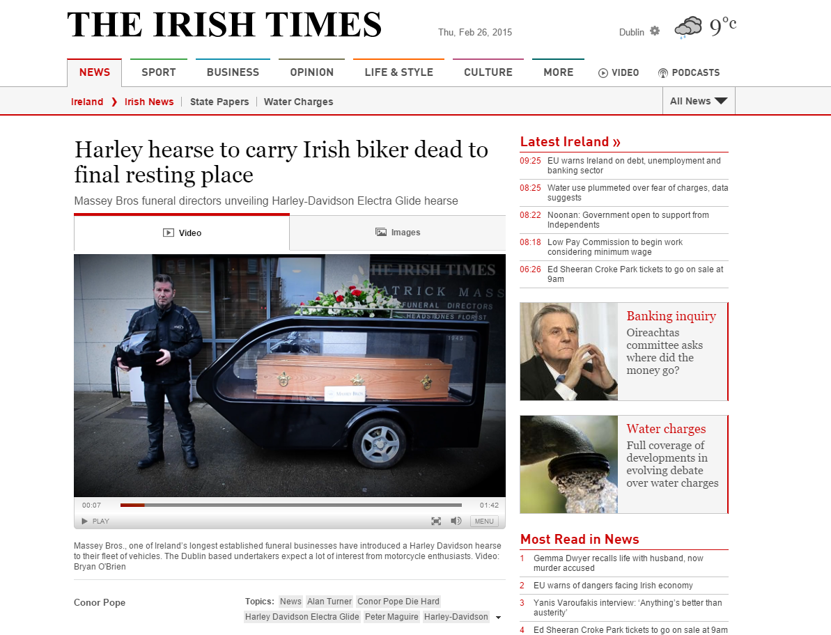 Irish Times Features Massey Bros. Harley Davidson Funeral Homes