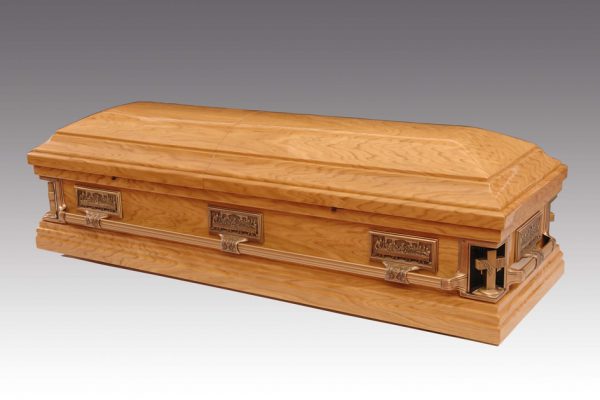The Last Supper Casket - Solid Oak Casket with classic domed lid, featuring the last supper images. Finished in a high gloss lustre and fitted with fixed metal bar handles and a premium quality interior.

Additional charges may be occurred at certain cemeteries to accommodate caskets and oversized coffins. Your arranger can advise you on these costs.