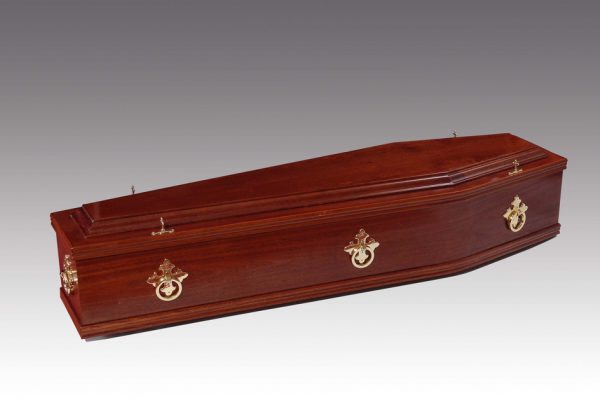 Plain mahogany veneered coffin, fitted with metal handles and a standard interior.