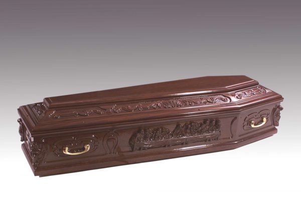 The Last Supper Casket - Solid Mahogany coffin featuring the last supper images. Finished in a high gloss lustre and fitted with fixed metal bar handles and a premium quality interior.