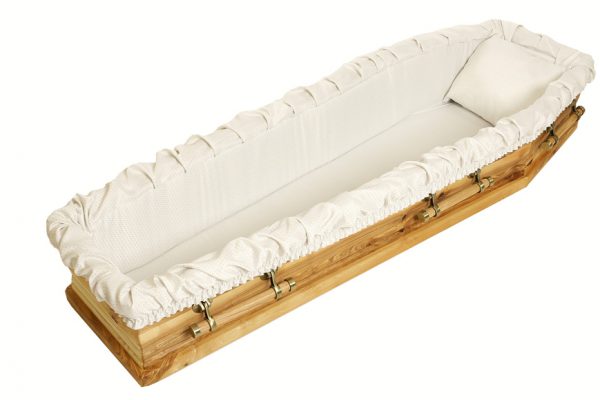 A platinum diamond star effect satin quilted coffin interior. It features a ruffled surround and soft comforting mattress with matching pillow.